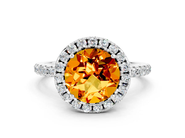 White gold Round Cut Citrine Halo Engagement Ring with Round Pavé Band and Prong Setting
