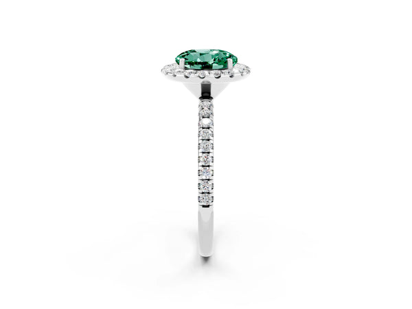 Silver Round Cut Green Sapphire Halo Engagement Ring with Round Pavé Band and Prong Setting
