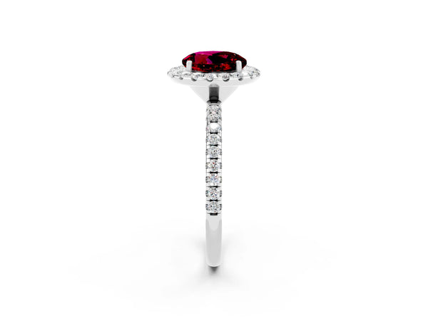 White gold Round Cut Garnet Halo Engagement Ring with Round Pavé Band and Prong Setting