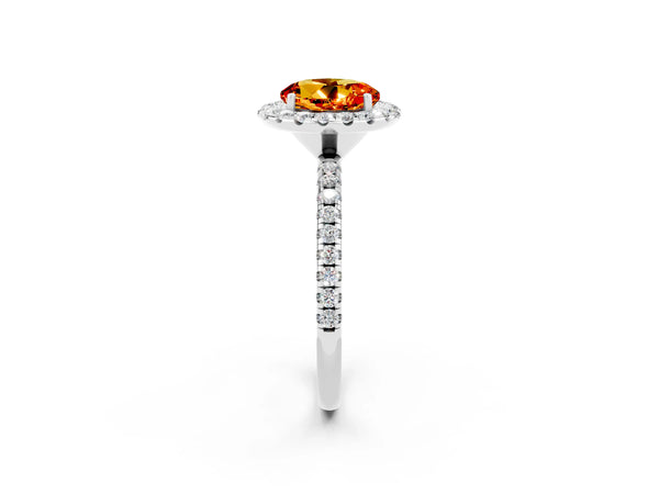 White gold Round Cut Citrine Halo Engagement Ring with Round Pavé Band and Prong Setting