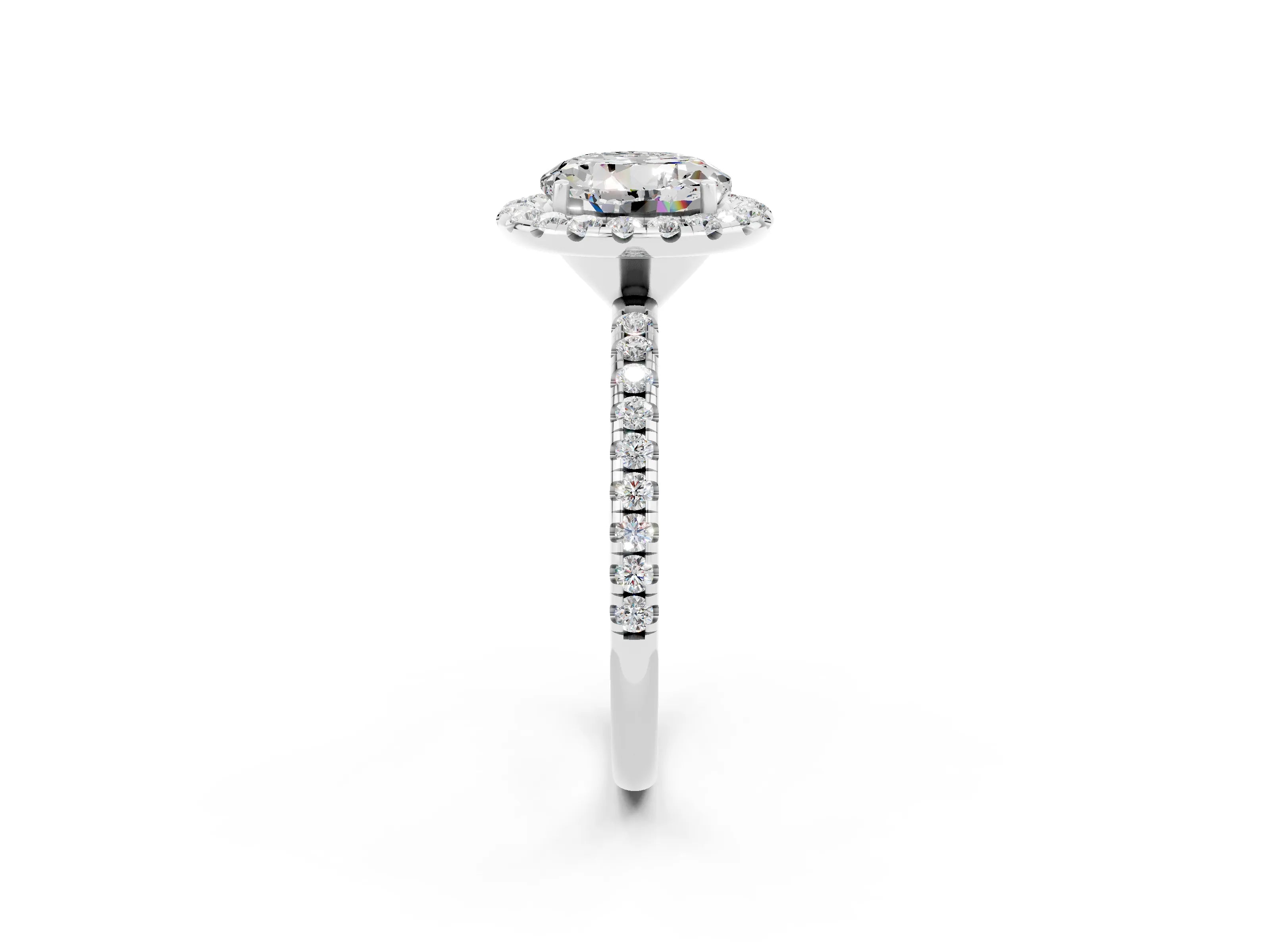 White gold Round Cut Cut Diamond Floral Halo Engagement Ring with Pavé Band and Prong Setting_2