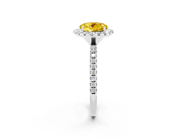 Silver Round Cut Yellow Sapphire Halo Engagement Ring with Round Pavé Band and Prong Setting