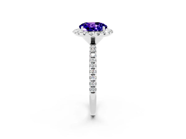 Silver Round Cut Tanzanite Halo Engagement Ring with Round Pavé Band and Prong Setting