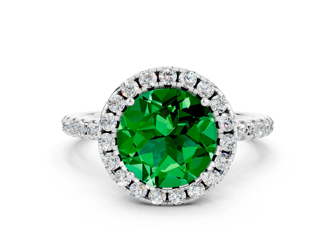 White gold Round Cut Cut Diamond Floral Halo Engagement Ring with Pavé Band and Prong Setting