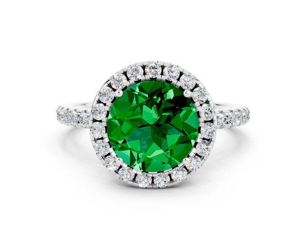 Silver Round Cut Emerald Halo Engagement Ring with Round Pavé Band and Prong Setting