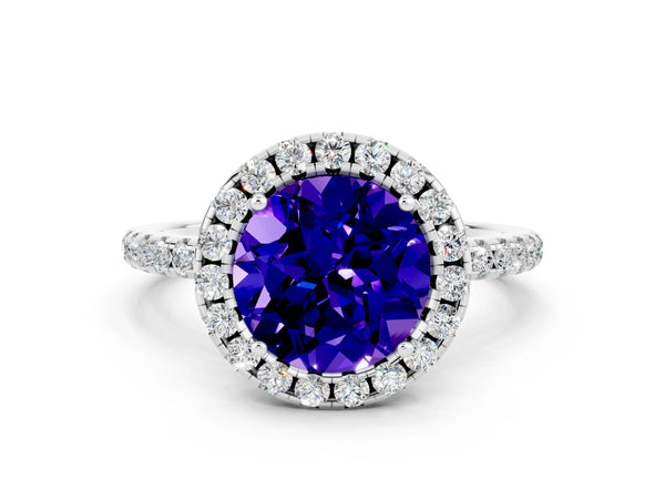 Silver Round Cut Tanzanite Halo Engagement Ring with Round Pavé Band and Prong Setting