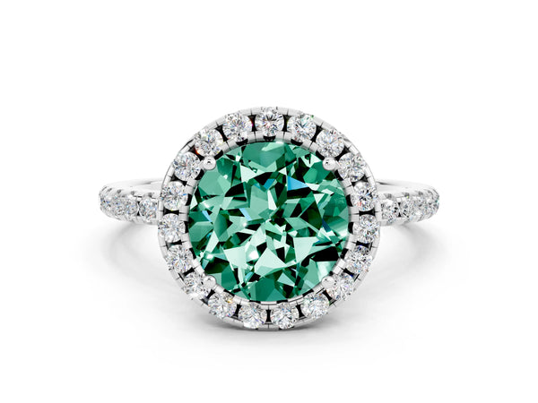 White gold Round Cut Green Sapphire Halo Engagement Ring with Round Pavé Band and Prong Setting