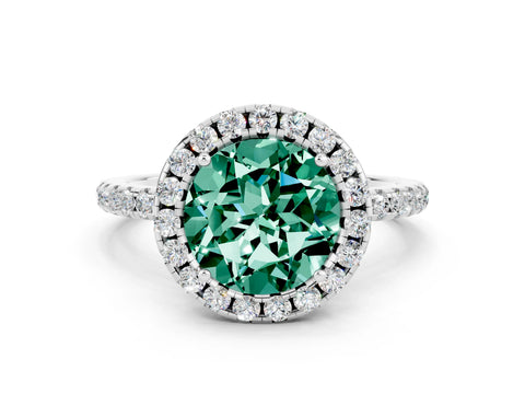 White gold Round Cut Cut Diamond Floral Halo Engagement Ring with Pavé Band and Prong Setting