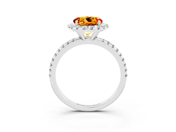 White gold Round Cut Citrine Halo Engagement Ring with Round Pavé Band and Prong Setting