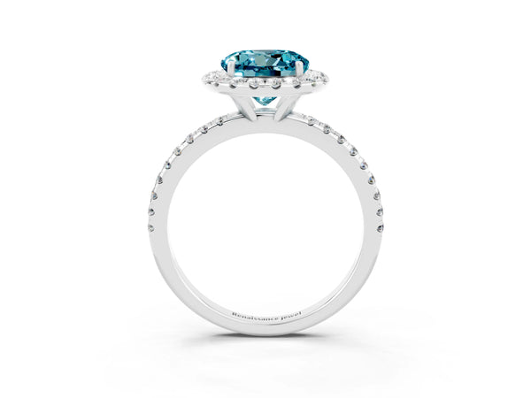 Platinum Round Cut Cut Diamond Floral Halo Engagement Ring with Pavé Band and Prong Setting