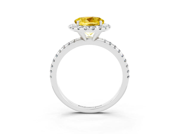 Platinum Round Cut Yellow Sapphire Halo Engagement Ring with Round Pavé Band and Prong Setting