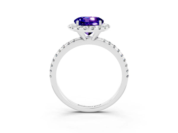 Silver Round Cut Tanzanite Halo Engagement Ring with Round Pavé Band and Prong Setting