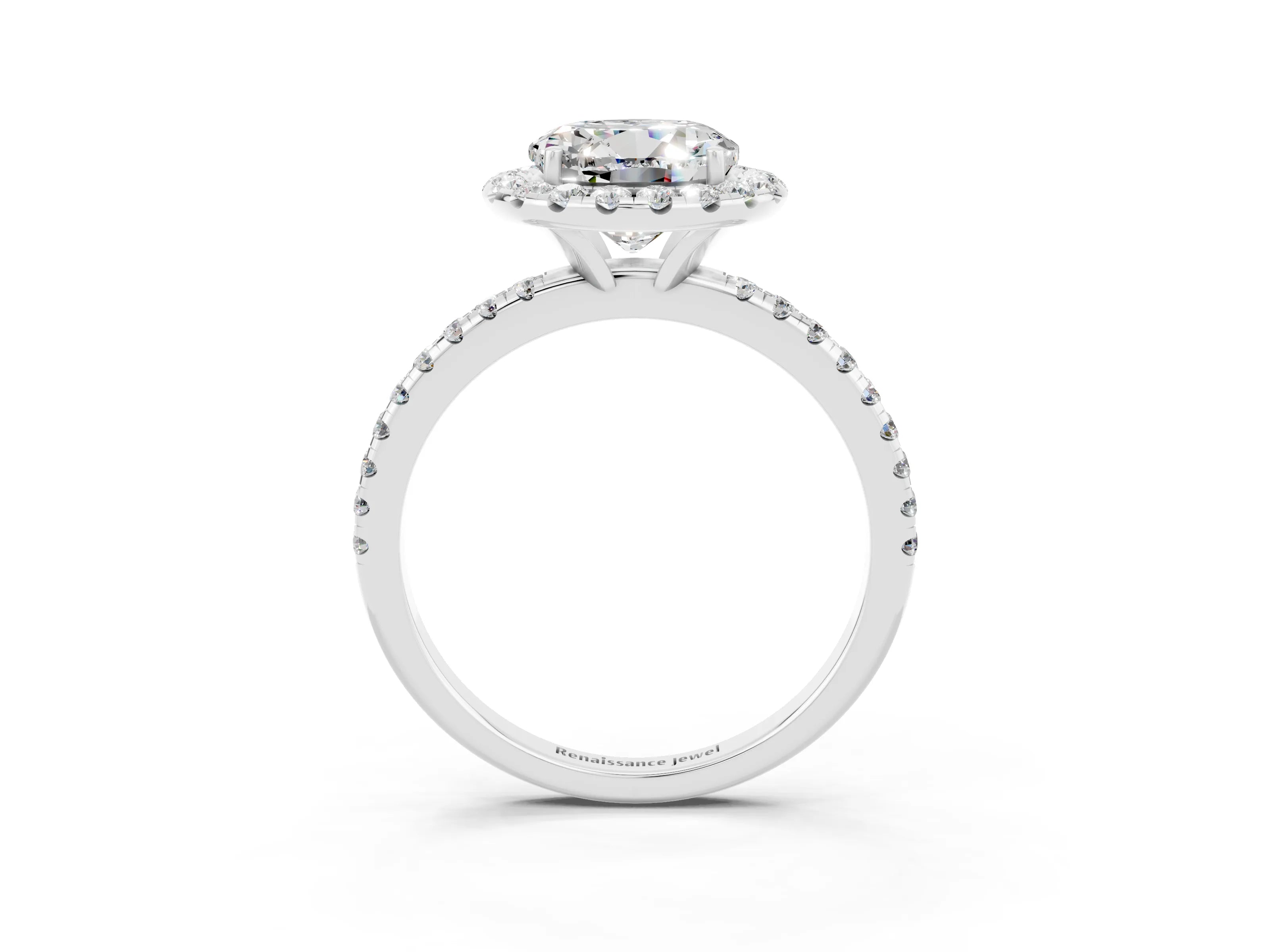 White gold Round Cut Cut Diamond Floral Halo Engagement Ring with Pavé Band and Prong Setting_3