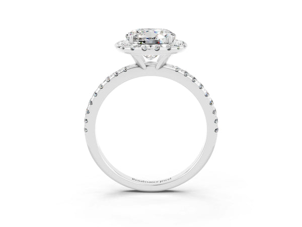 Platinum Round Cut Moissanite Halo Engagement Ring with Round Pavé Band and Prong Setting