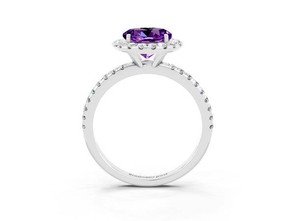 White gold Round Cut Amethyst Halo Engagement Ring with Round Pavé Band and Prong Setting