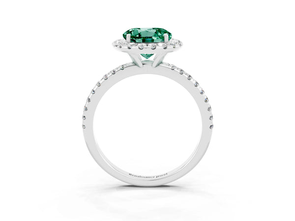White gold Round Cut Green Sapphire Halo Engagement Ring with Round Pavé Band and Prong Setting