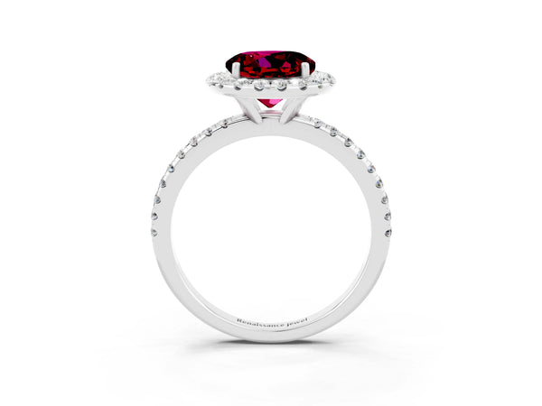 White gold Round Cut Garnet Halo Engagement Ring with Round Pavé Band and Prong Setting