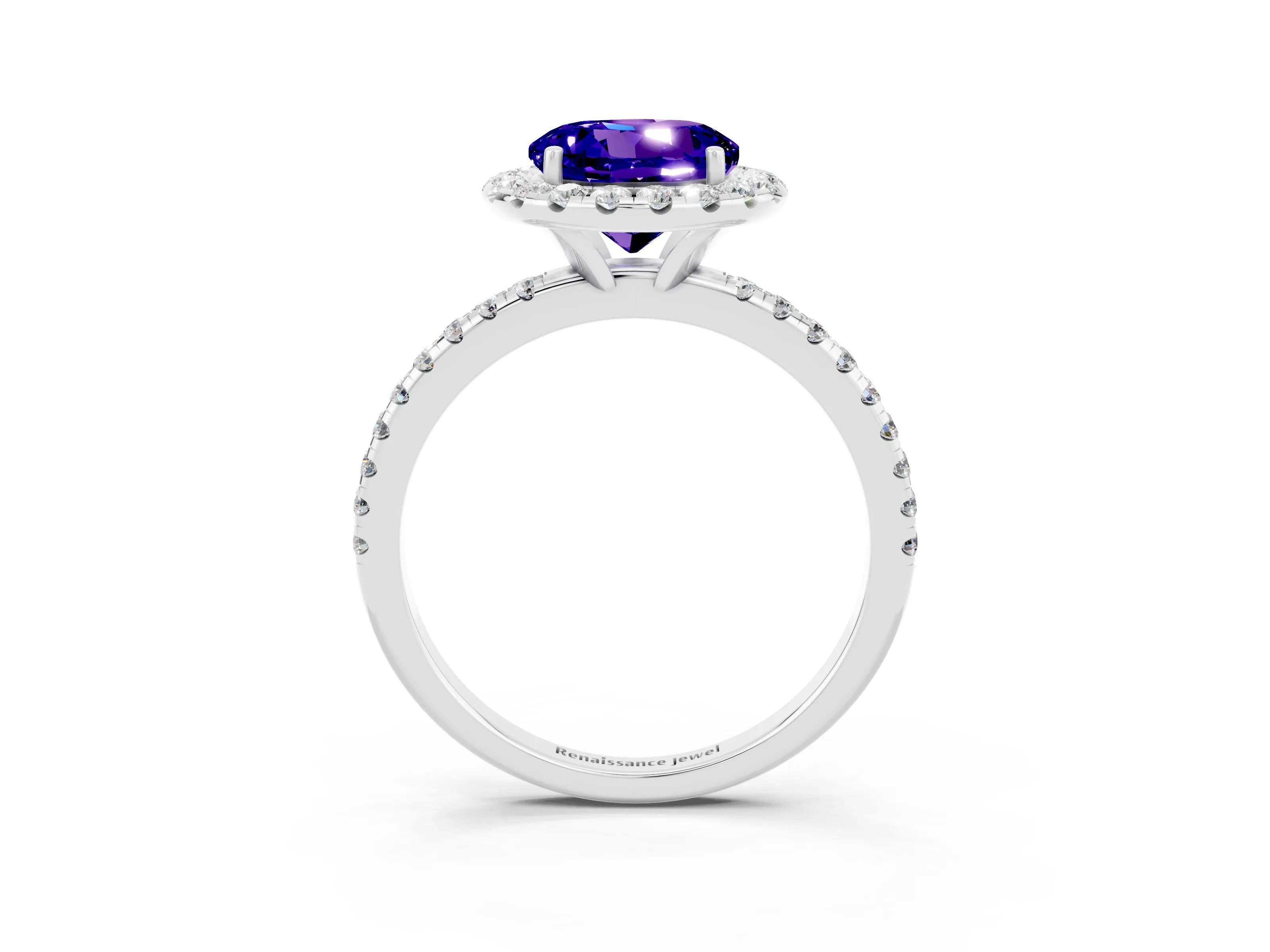 White gold Round Cut Cut Diamond Floral Halo Engagement Ring with Pavé Band and Prong Setting_3