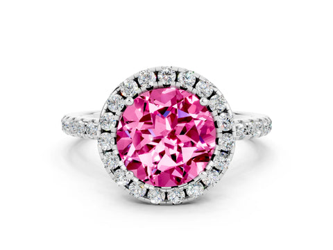 White gold Round Cut Cut Diamond Floral Halo Engagement Ring with Pavé Band and Prong Setting