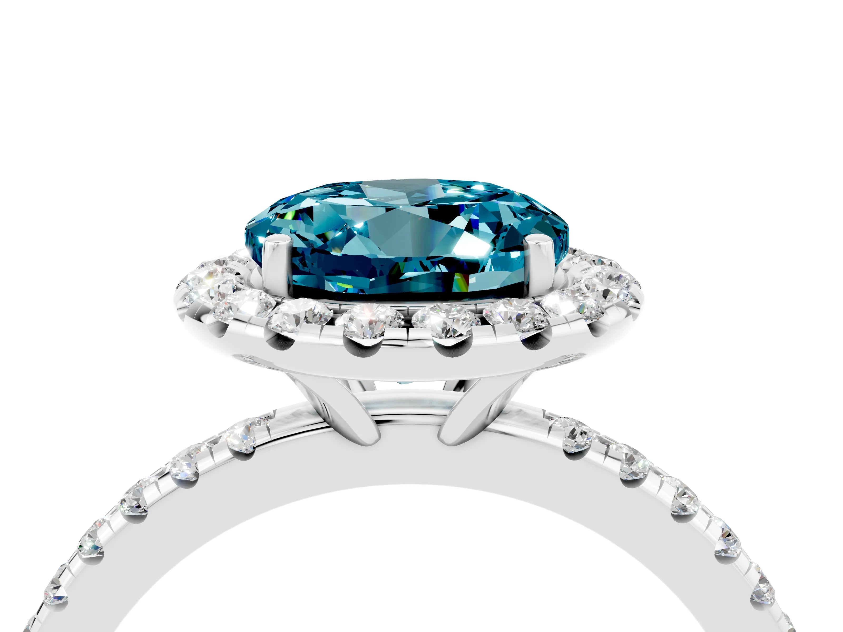 White gold Round Cut Cut Diamond Floral Halo Engagement Ring with Pavé Band and Prong Setting_4