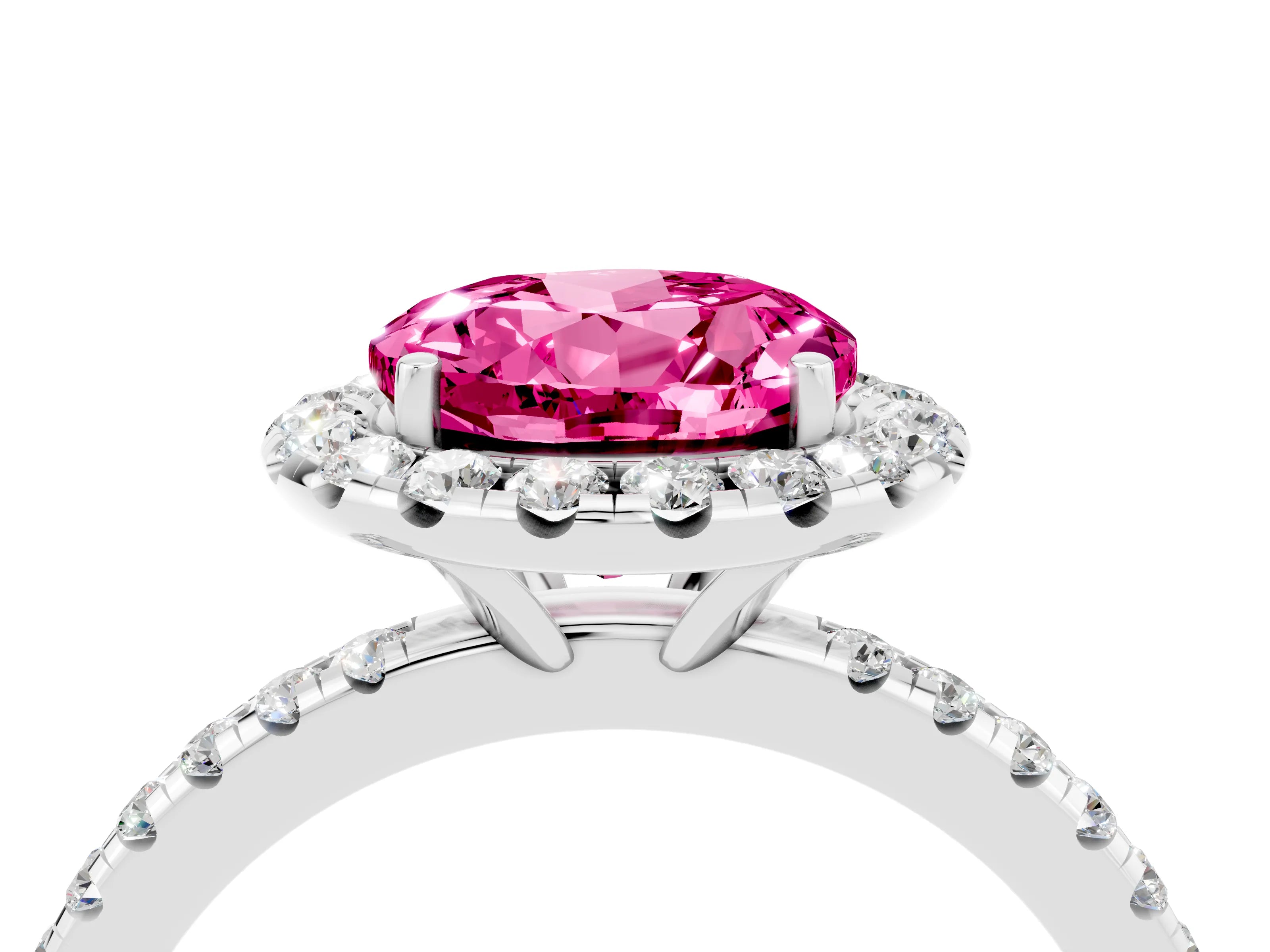 White gold Round Cut Cut Diamond Floral Halo Engagement Ring with Pavé Band and Prong Setting_4
