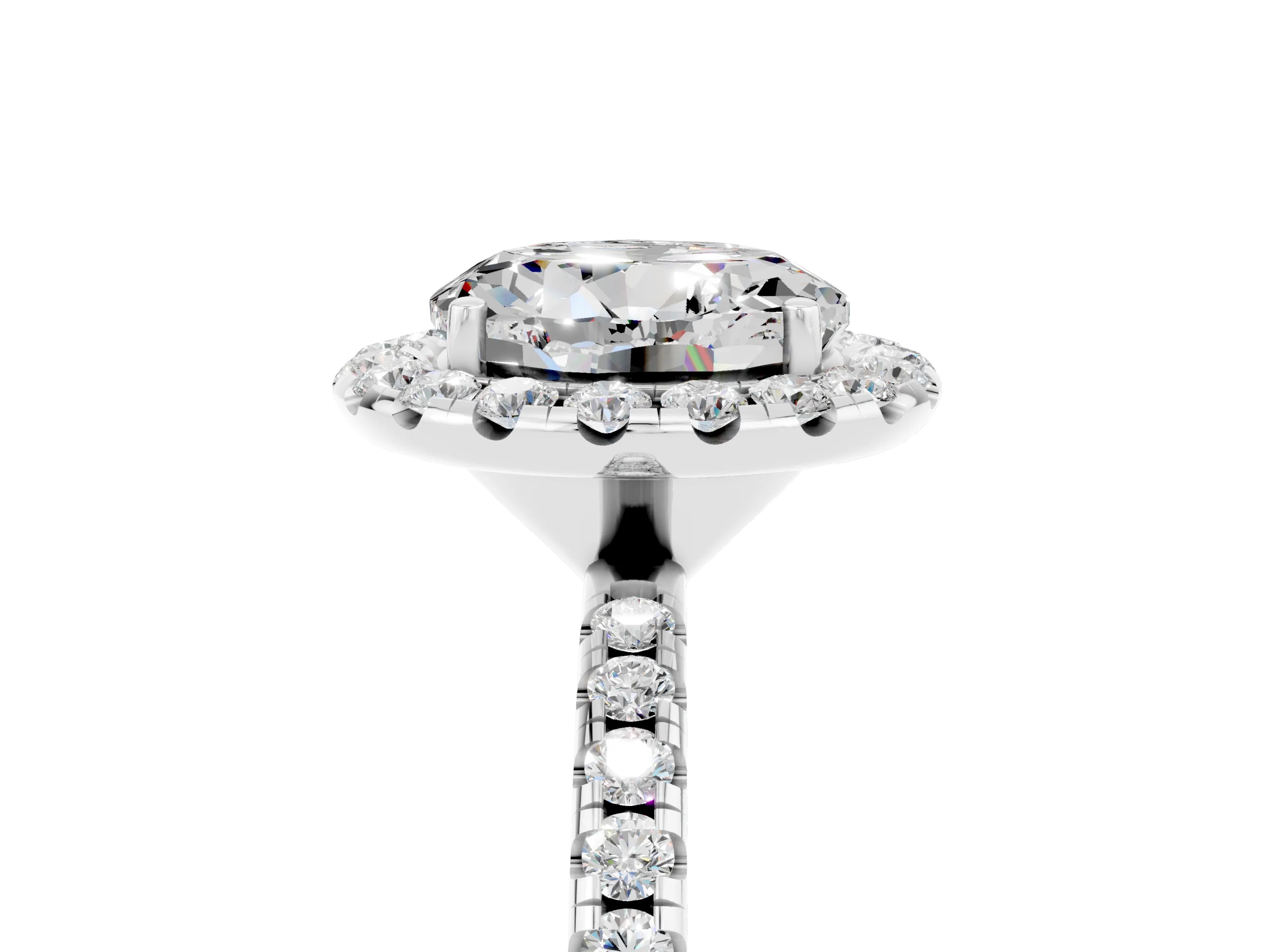 White gold Round Cut Cut Diamond Floral Halo Engagement Ring with Pavé Band and Prong Setting_5