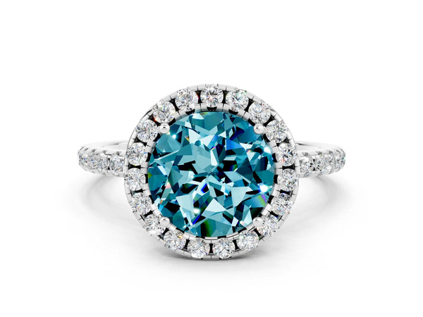 Silver Round Cut Cut Diamond Floral Halo Engagement Ring with Pavé Band and Prong Setting