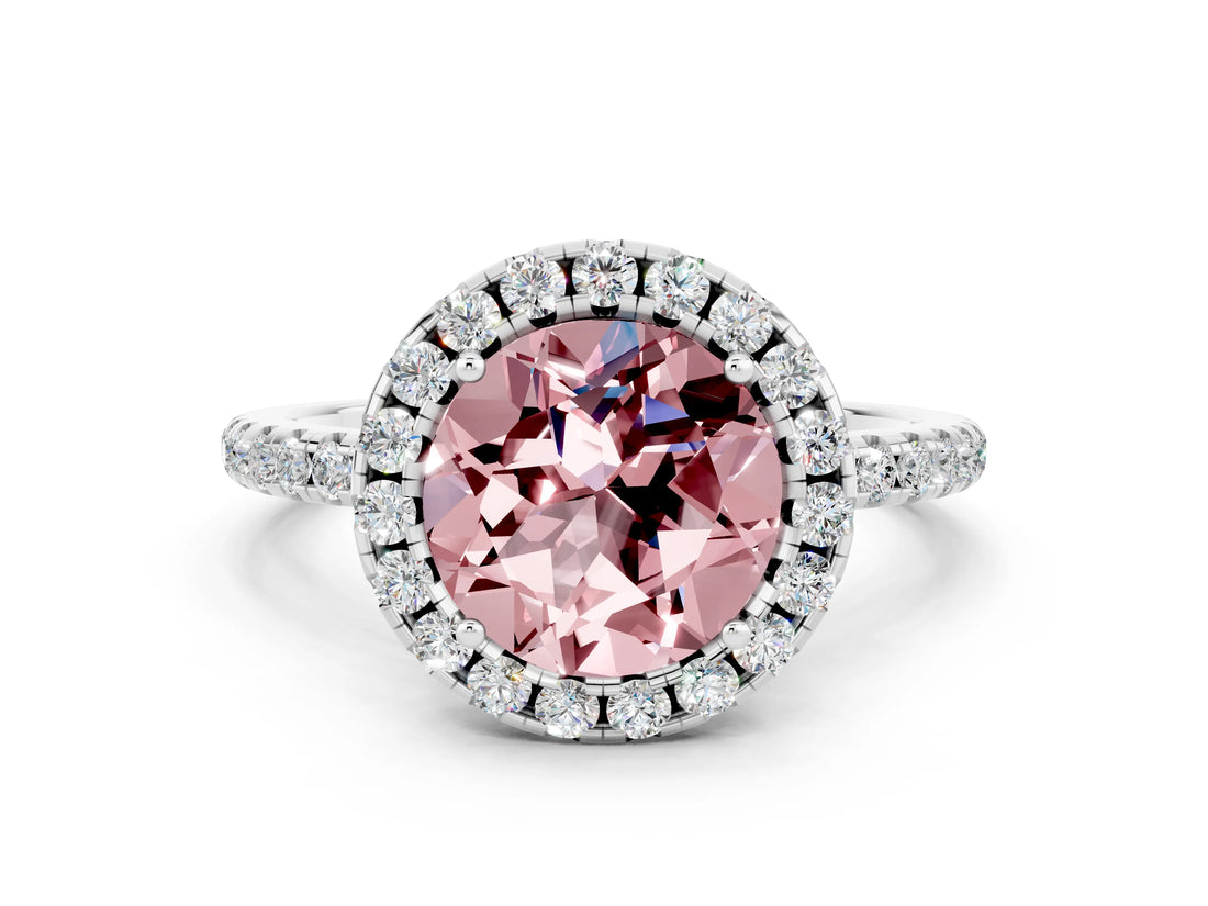 White gold Round Cut Cut Diamond Floral Halo Engagement Ring with Pavé Band and Prong Setting