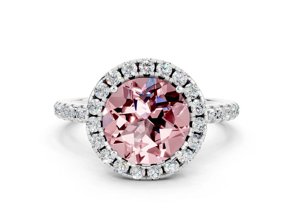 White gold Round Cut Cut Diamond Floral Halo Engagement Ring with Pavé Band and Prong Setting