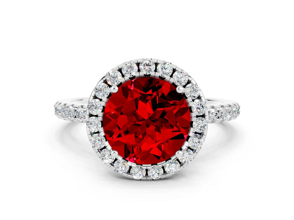 White gold Round Cut Cut Diamond Floral Halo Engagement Ring with Pavé Band and Prong Setting