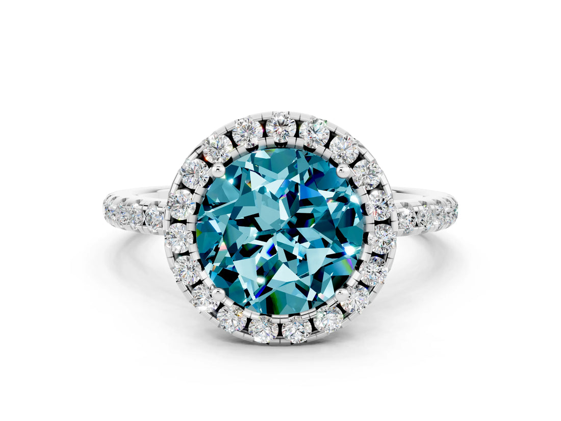 White gold Round Cut Cut Diamond Floral Halo Engagement Ring with Pavé Band and Prong Setting