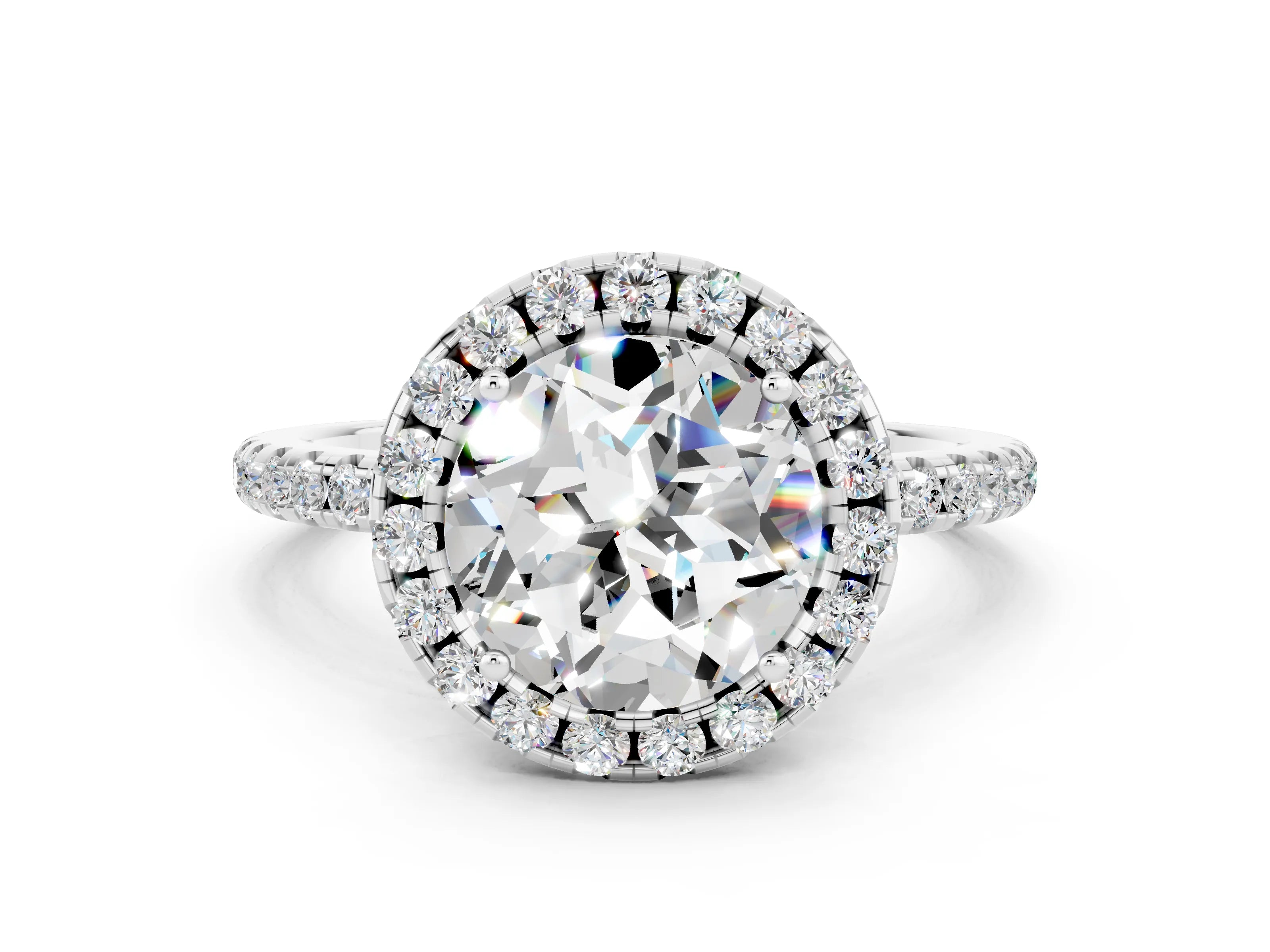 White gold Round Cut Cut Diamond Floral Halo Engagement Ring with Pavé Band and Prong Setting