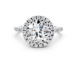 White gold Round Cut Cut Diamond Floral Halo Engagement Ring with Pavé Band and Prong Setting