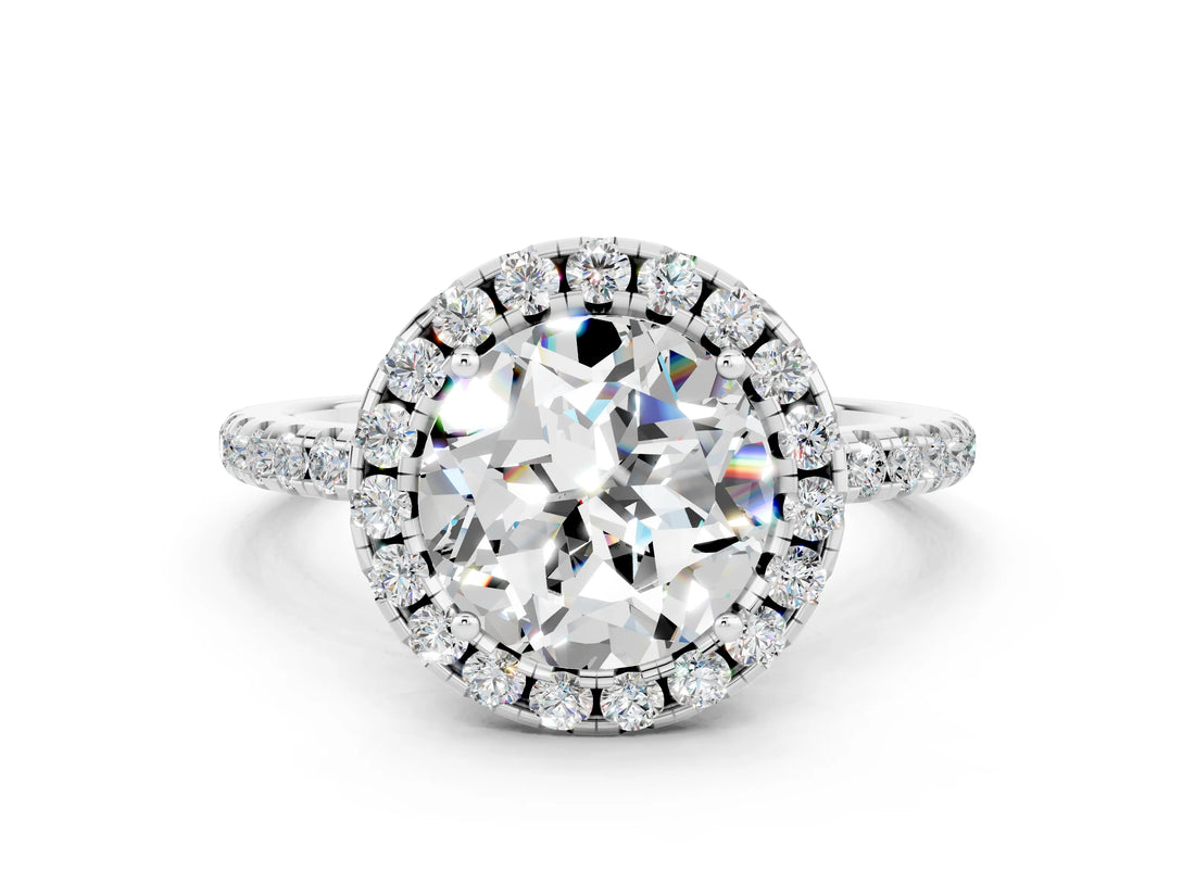 White gold Round Cut Cut Diamond Floral Halo Engagement Ring with Pavé Band and Prong Setting