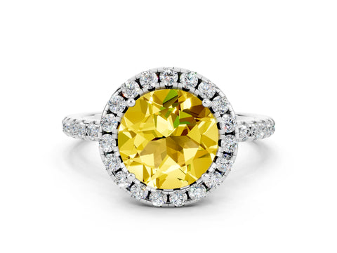 White gold Round Cut Cut Diamond Floral Halo Engagement Ring with Pavé Band and Prong Setting