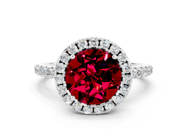 Silver Round Cut Garnet Halo Engagement Ring with Round Pavé Band and Prong Setting