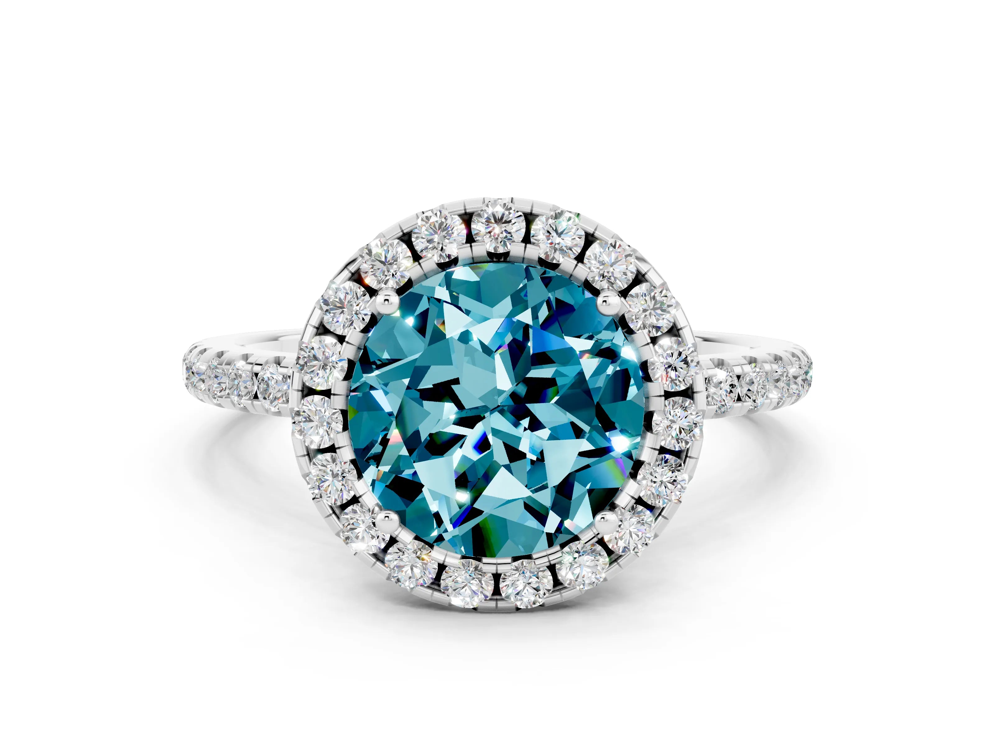 White gold Round Cut Cut Diamond Floral Halo Engagement Ring with Pavé Band and Prong Setting