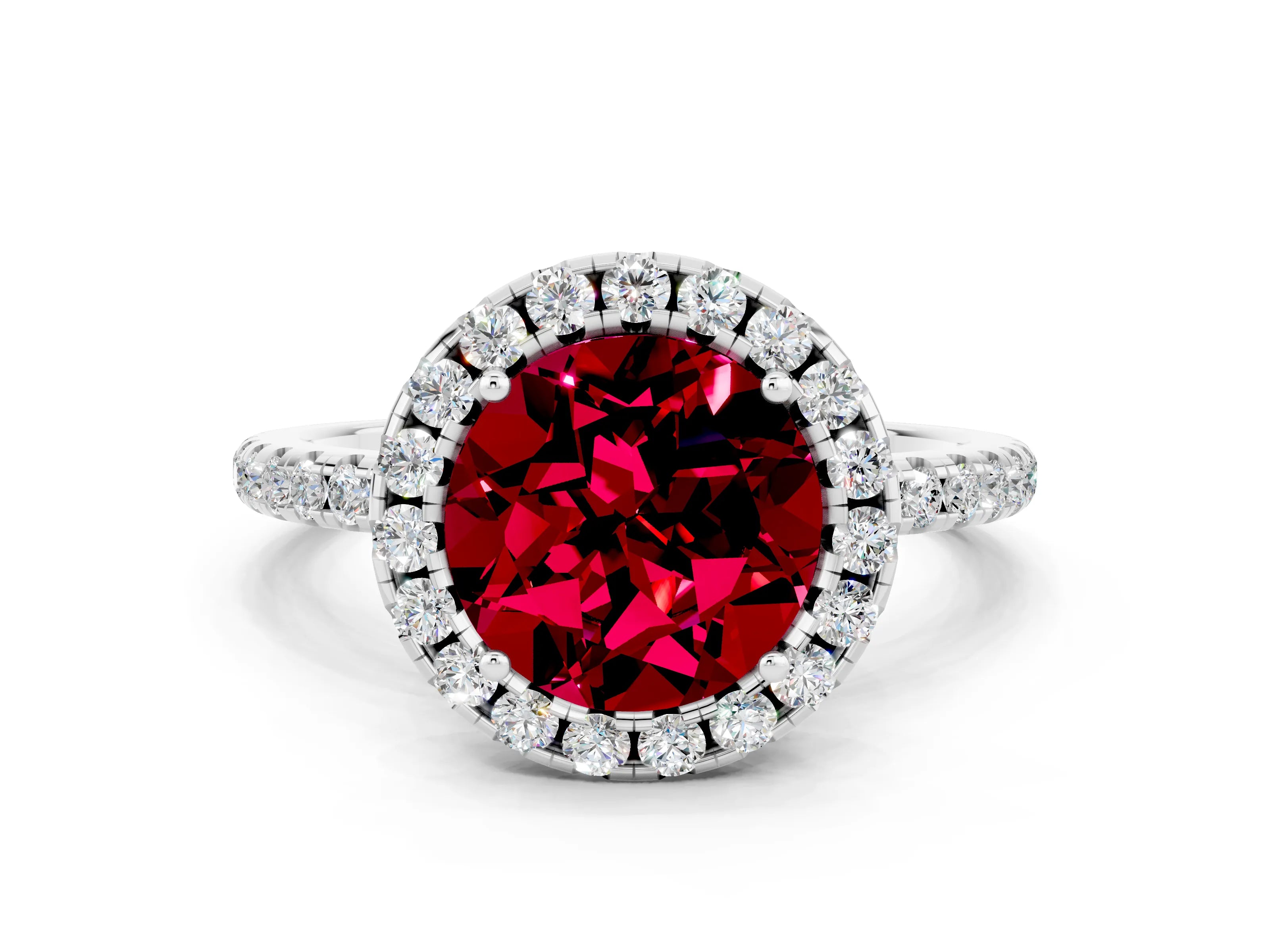 White gold Round Cut Cut Diamond Floral Halo Engagement Ring with Pavé Band and Prong Setting