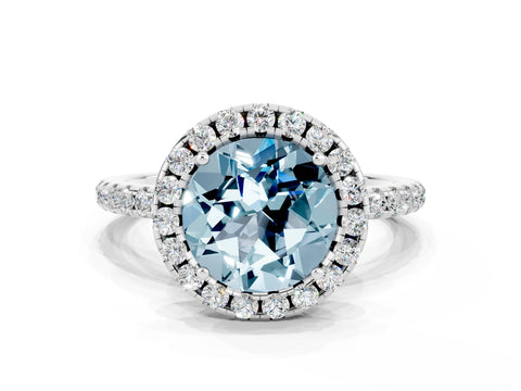 White gold Round Cut Cut Diamond Floral Halo Engagement Ring with Pavé Band and Prong Setting