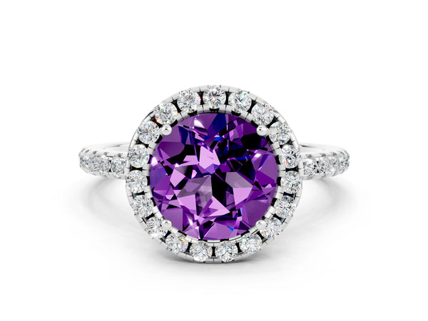 Platinum Round Cut Cut Diamond Floral Halo Engagement Ring with Pavé Band and Prong Setting