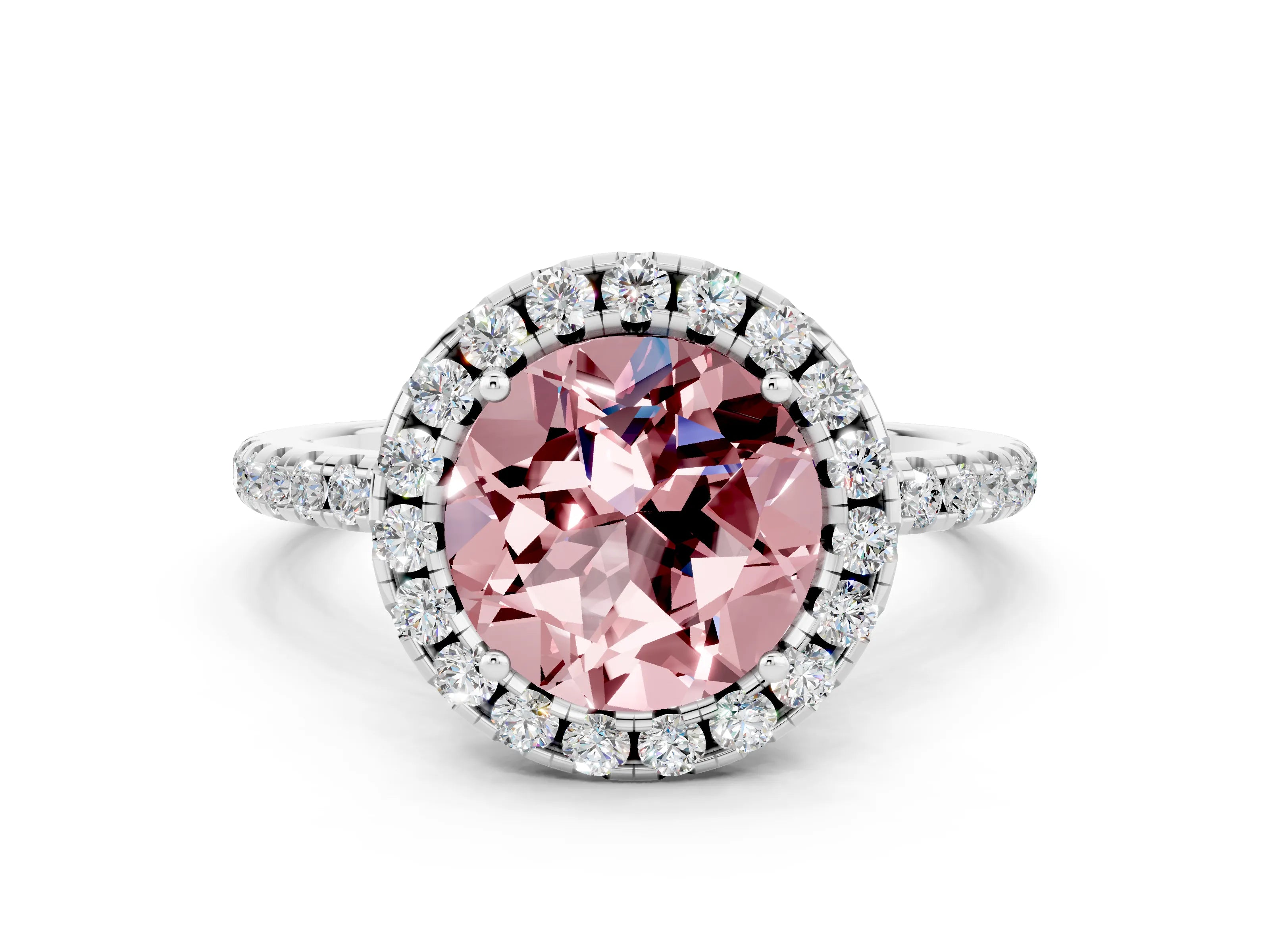 White gold Round Cut Cut Diamond Floral Halo Engagement Ring with Pavé Band and Prong Setting