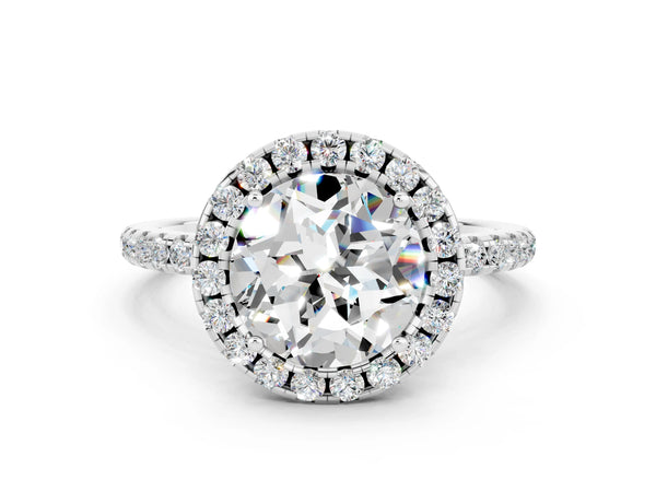 Platinum Round Cut Moissanite Halo Engagement Ring with Round Pavé Band and Prong Setting