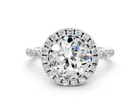 White gold Round Cut Cut Diamond Floral Halo Engagement Ring with Pavé Band and Prong Setting