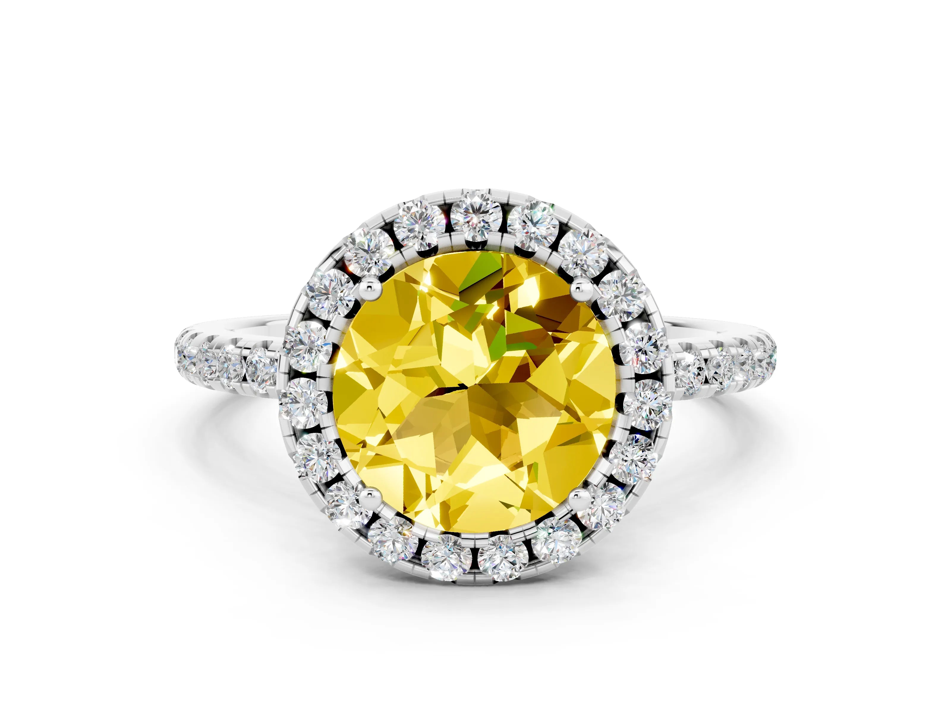 White gold Round Cut Cut Diamond Floral Halo Engagement Ring with Pavé Band and Prong Setting