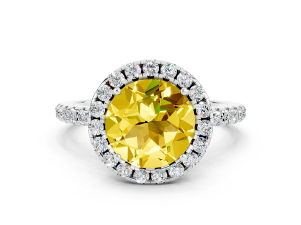 Silver Round Cut Yellow Sapphire Halo Engagement Ring with Round Pavé Band and Prong Setting
