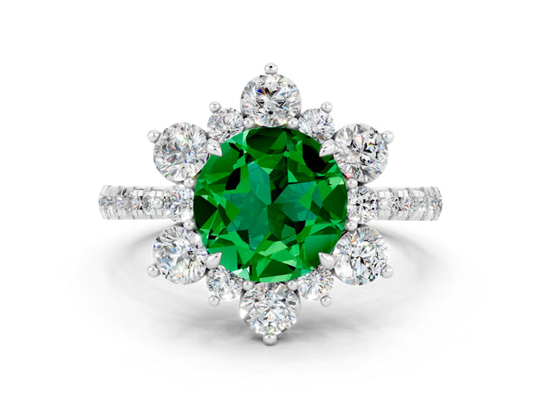 Silver Round Cut Emerald Floral Halo Ring with Round Pavé Band and Prong Setting
