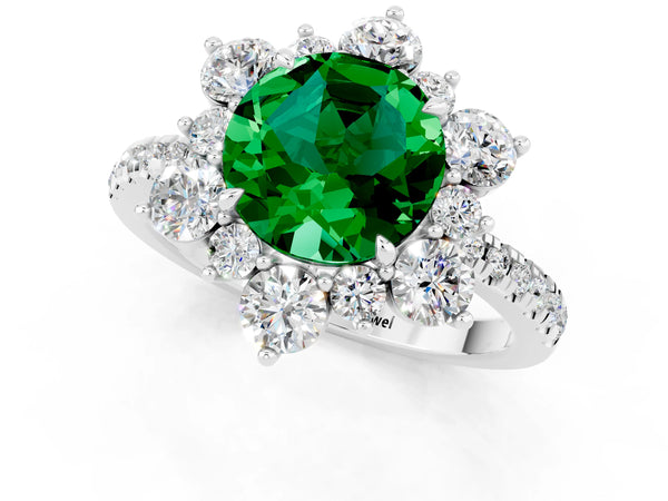 Platinum Round Cut Emerald Floral Halo Ring with Round Pavé Band and Prong Setting