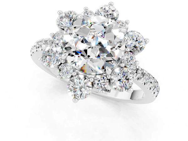 Silver Round Cut Moissanite Floral Halo Ring with Round Pavé Band and Prong Setting
