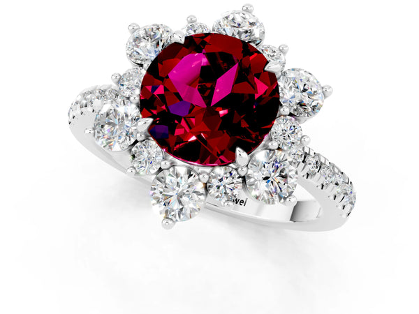 Silver Round Cut Garnet Floral Halo Ring with Round Pavé Band and Prong Setting
