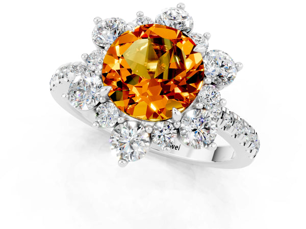 Silver Round Cut Citrine Floral Halo Ring with Round Pavé Band and Prong Setting